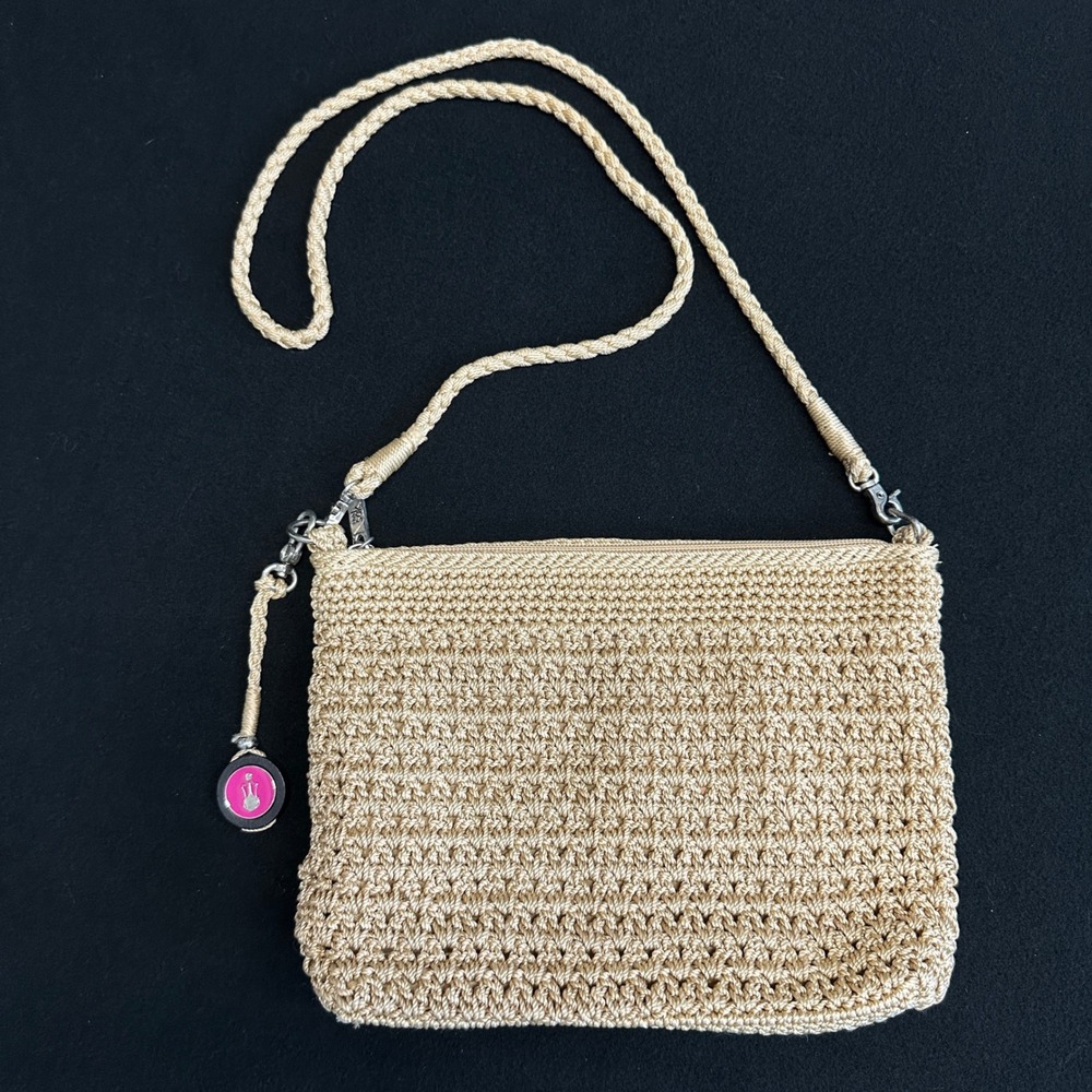 The Sak Beige Crochet Crossbody Bag Handbag Neutral Braided Strap Organizer